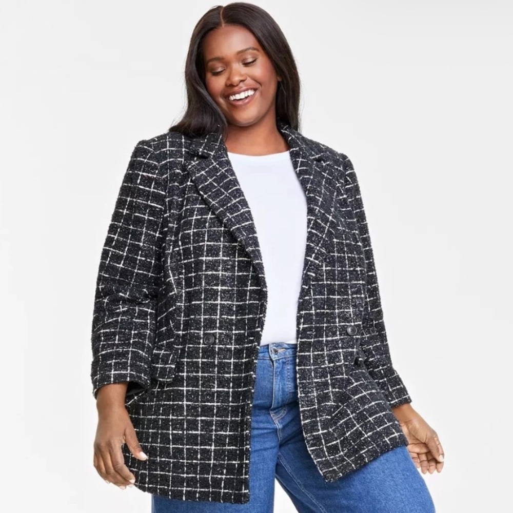 Chic Black and White Plaid Tweed Shimmer Blazer